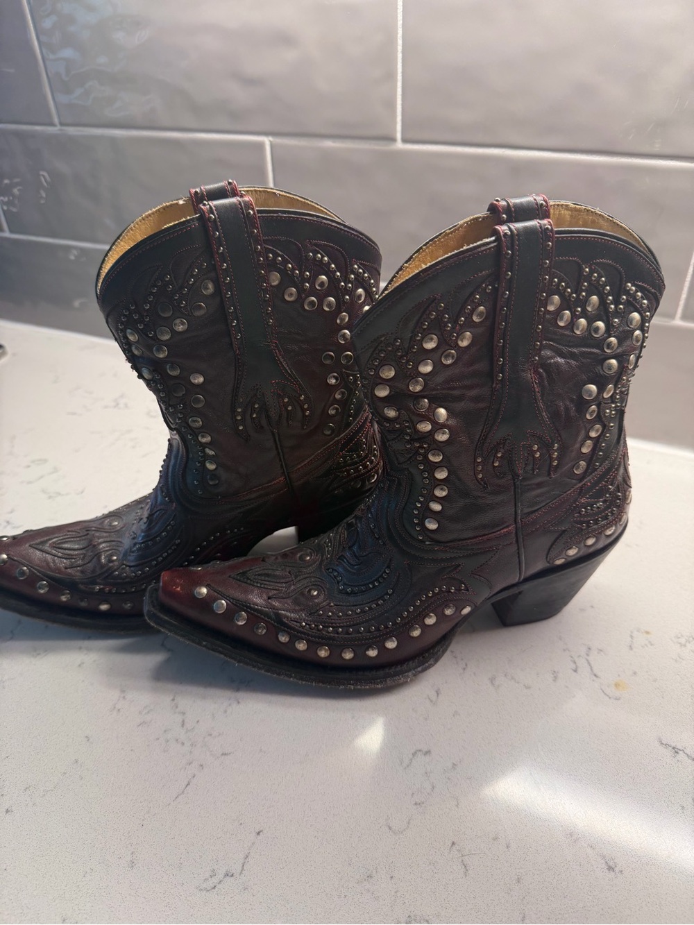 Vintage Studded Oxblood Leather Western Cowboy Boots Women’s Size 8M Snip Toe Ma - Picture 4 of 10